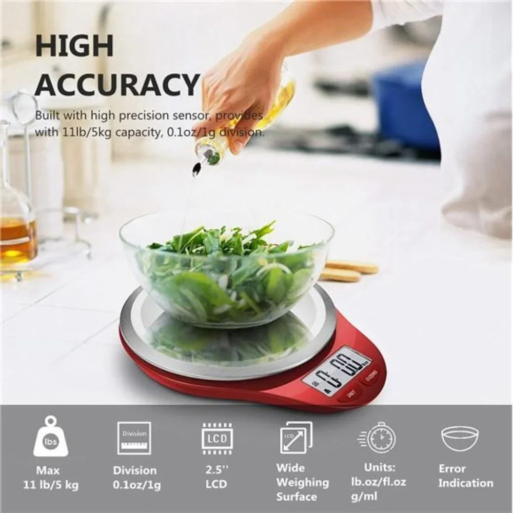 Digital Kitchen Scale with Wide Stainless Steel Plateform Food Scale (Red)